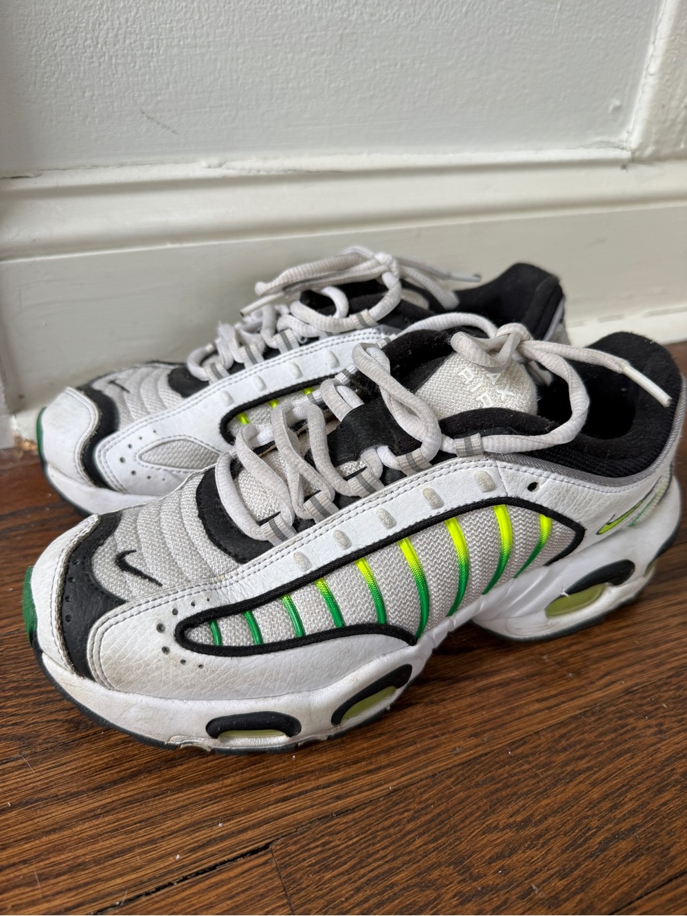 Nike Kids White Sneakers with Black and Neon Green Accents